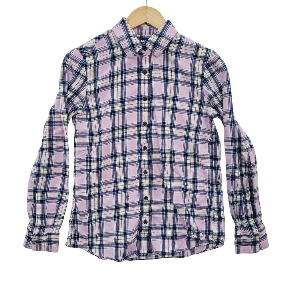 Lands End Womens Pink Blue Plaid Flannel Button Down Shirt XS Long Sleeve Preppy